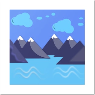 Blue Night Mountains Lake landscape with cloud Posters and Art